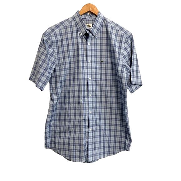 Lacoste Light Blue Micro Plaid Short Sleeve Button Down Shirt NWT - Picture 1 of 11